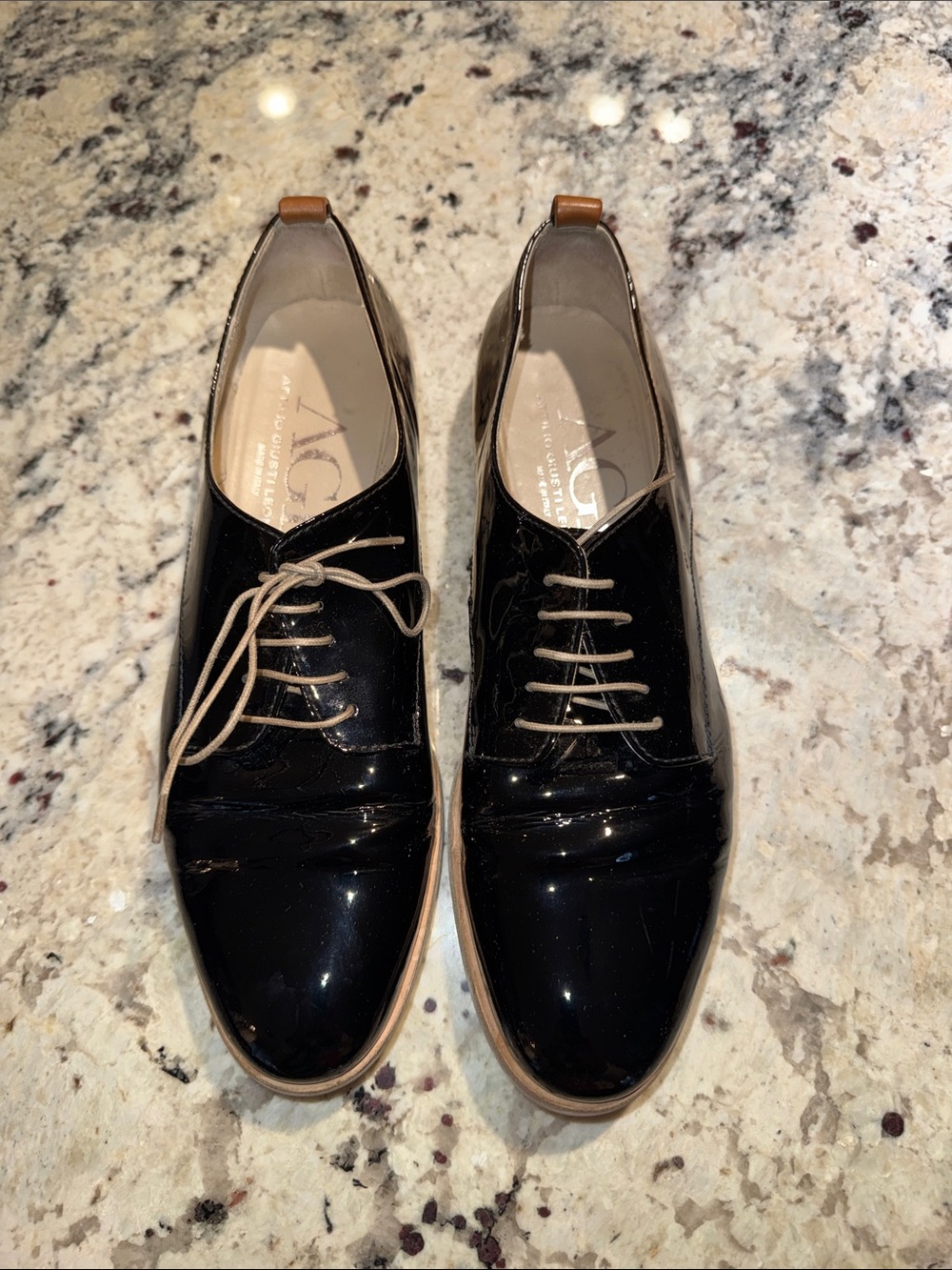 AGL Black Patent Leather Lace-Up Oxfords with Tan Trim-Made in Italy